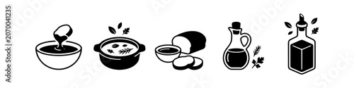 Obraz na płótnie Minimalist black and white icons of olive oil, bread, dipping bowls, and soup