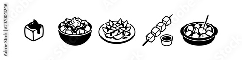 Tableau sur toile A set of minimalist black and white vector icons featuring potato snacks, including patatas bravas, wedges, skewers, and dipping sauces