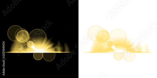 Tableau sur toile Yellow lens flare effect with circular light orbs and horizontal beam on a dark