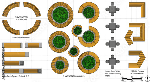 Landscape architecture site plan showing wooden benches, circular planter seating modules, and outdoor furniture layout vector illustration
