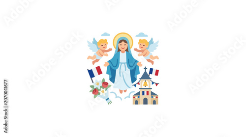 Virgin Mary with Cherubs, Church, and French Flags Illustration
