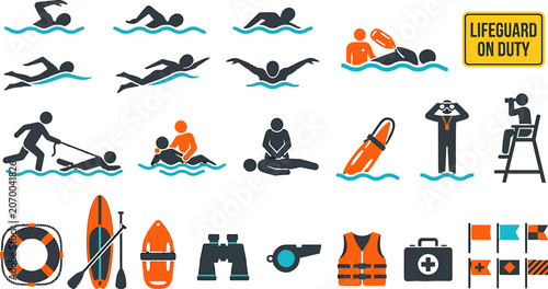 Lifeguard and swimming safety icons set featuring rescue equipment and water sports activities in flat vector style
