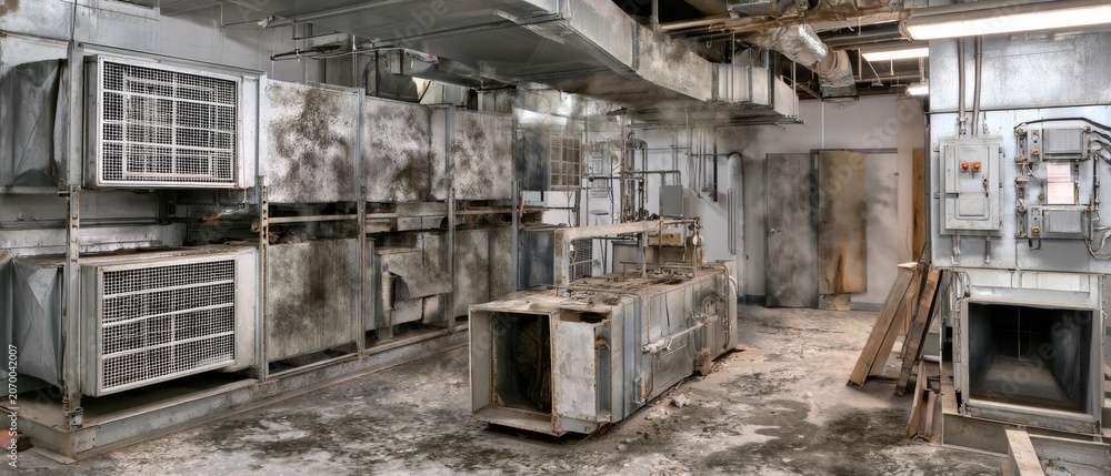 Fototapeta premium Cleaning process in a commercial kitchen area during renovation and maintenance work