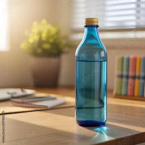 Clear Blue Water Bottle on Wooden Desk in Bright Modern Office Workspace