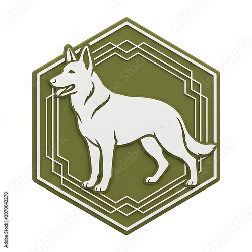White dog emblem with geometric design on transparent background