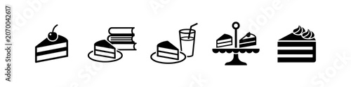 Tableau sur toile Minimalist black icons of cake slices with books, drinks, and stands