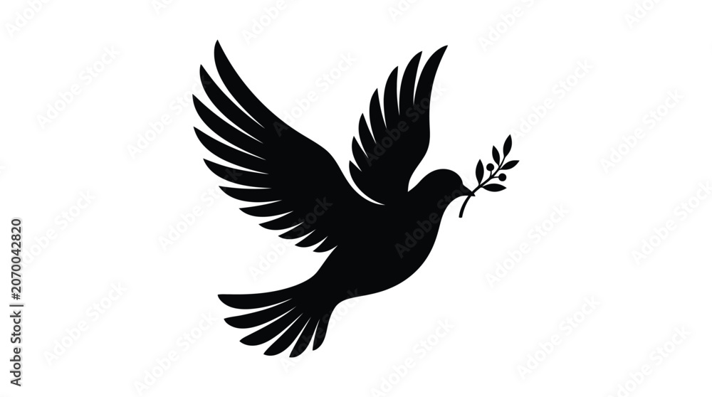Naklejka premium Flying Dove With Olive Branch Black Silhouette