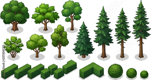 Set of isometric trees and garden hedges for landscape design and architectural visualization in vector illustration format