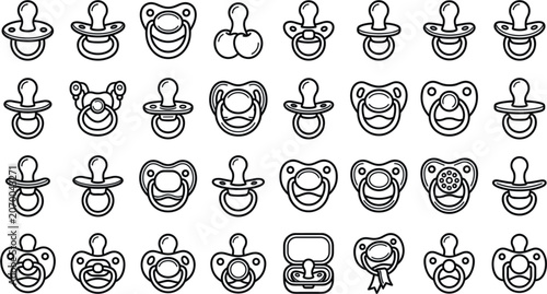 Obraz na plátně Baby Pacifier and Dummy Line Art Vector Icon Set Featuring Newborn Teething Ring