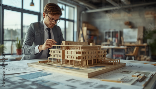 professional architect working on an architectural scale model in a modern design studio