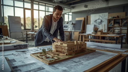 professional architect working on an architectural scale model in a modern design studio