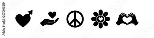 Vászonkép A set of five black minimalist icons symbolizing love, peace, and kindness