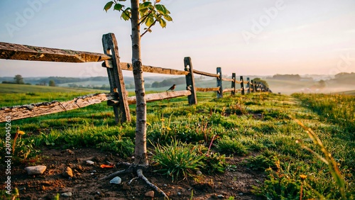 Rural fence line overlooking peaceful lakeside countryside at sunrise