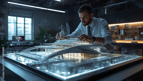 visionary architect developing a futuristic architectural model, innovative building design, advanced design studio, 