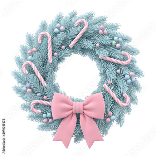 3D Rendered Christmas Wreath with Candy Canes and Pink Bow