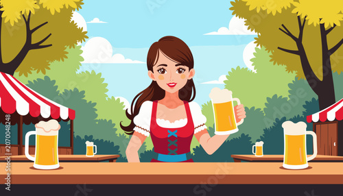 Young woman serving beer at an outdoor festival in autumn, International Beer Day  