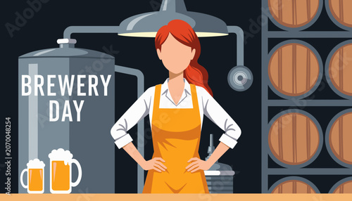 Woman with red hair standing confidently in brewery for Brewery Day  