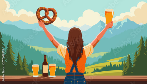 Young woman celebrating in mountains with pretzel and beer, International Beer Day 