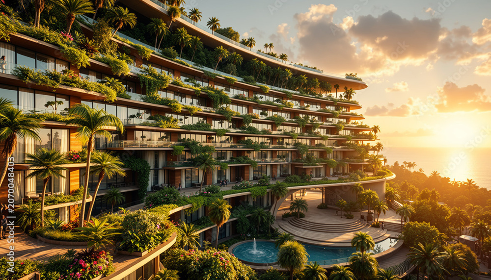 Fototapeta premium Luxury tropical resort hotel facade with terraced green balconies and swimming pool at sunset