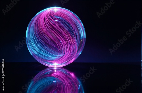 Neon swirls form glowing sphere, reflected on dark surface under vibrant blue and pink lights.
