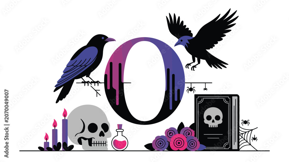 Obraz premium Halloween initial O surrounded by gothic symbols, skulls, and dark flowers
