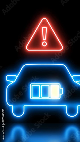 Blue neon electric car outline with battery warning icon.