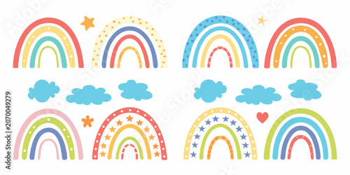 Fotografie Rainbows And Clouds Illustration Colorful Vector Graphics On White Background