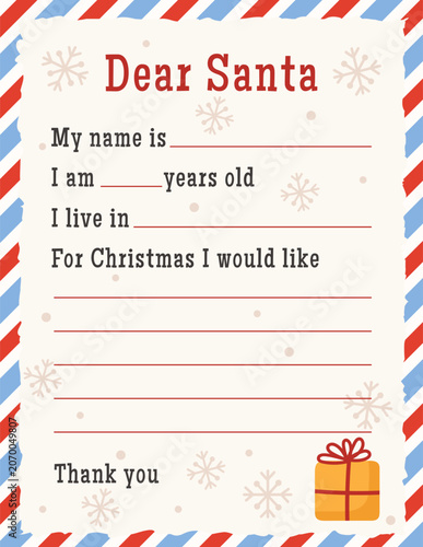 Christmas wish list for children. Letter to Santa Claus template. Vector illustration.