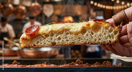  A side-view macro shot of a slice of Detroit-style pizza being lifted, showing the dramatic internal structure. The focus is on the light, spongy