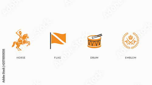 Foto Set of isolated vector icons featuring soldier horse rider flag drum and heraldic emblem