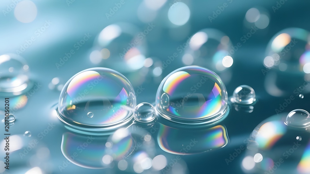 Naklejka premium Iridescent soap bubbles on blue water surface, macro liquid droplets with rainbow reflection, ethereal aquatic background for spa and wellness