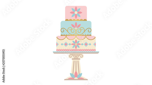 Pastel tiered cake on pedestal centerpiece.