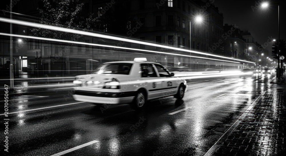 Fototapeta premium A speeding yellow taxi in a blur of light streaks through a wet urban street at night