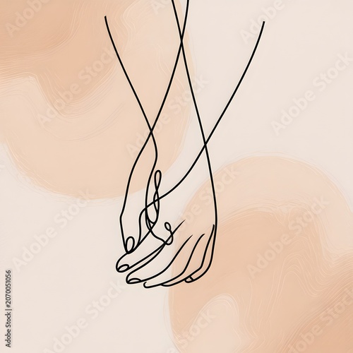 Delicate Line Drawing of Intertwined Hands Against Soft Watercolor Background Symbolizing Connection and Love