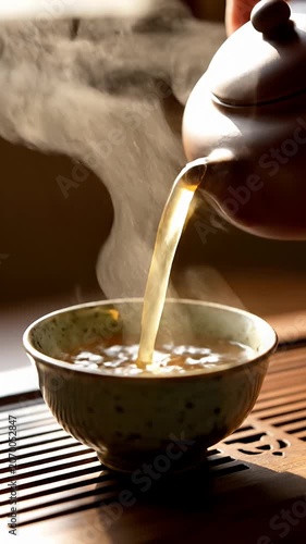 Steaming tea being poured from ceramic teapot into small cup.