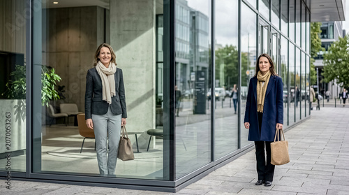 Two businesswomen in smart attire walking near a contemporary office building with large glass windows and urban surroundings.