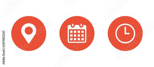 Fotografija Location Calendar Clock Icons in Red Circle, Map Pin Date and Time Symbols for E