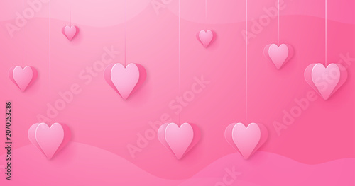 Pink Valentine Background with Hanging Heart Decorations and Romantic Paper Cut Design