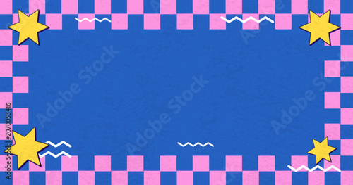 Retro Pop Art Frame Background with Checkered Border and Decorative Cartoon Stars