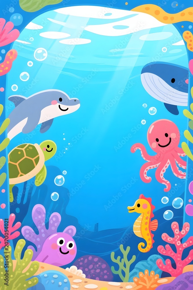 Obraz premium Sweet Ocean Cartoon Creatures Peeking from Vertical Underwater Frame
