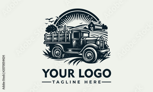 Vintage Farm Truck Vector Logo Illustration Design Featuring Rustic Agricultural Landscape Elements