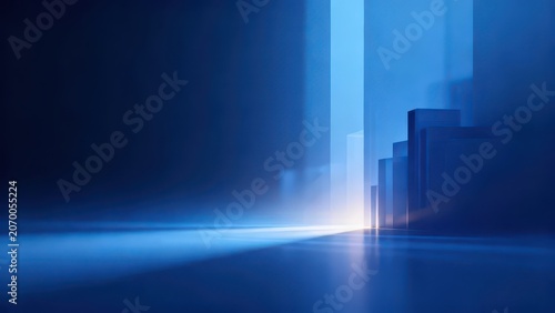 Dark blue gradient minimalist modern architectural space, transparent glass buildings with ground light reflection, quiet high-end business tech abstract background material.
