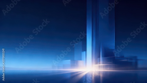 Dark blue gradient minimalist modern architectural space, transparent glass buildings with ground light reflection, quiet high-end business tech abstract background material.