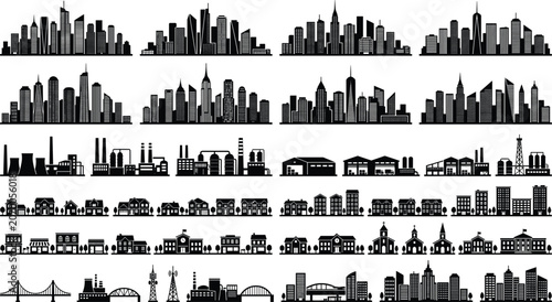 Obraz na plátně Black architectural panorama landscape silhouette set with suburban neighborhood