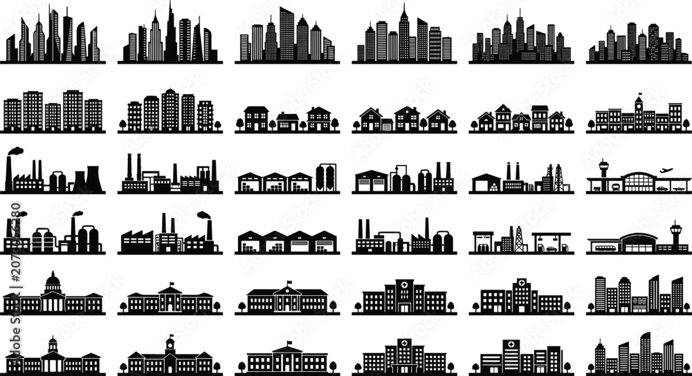 Obraz premium Black outline building icons bundle with modern mansions duplex townhouses countryside cottages and architectural construction elements