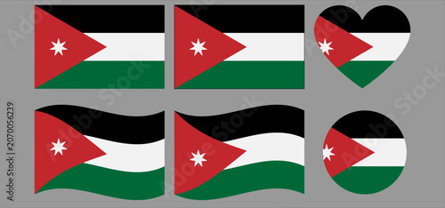 Jordan flag icon. Jordan flag in red, green, black, white colour with star combination, Jordan flag in round, heart, rectangular and wave shape.