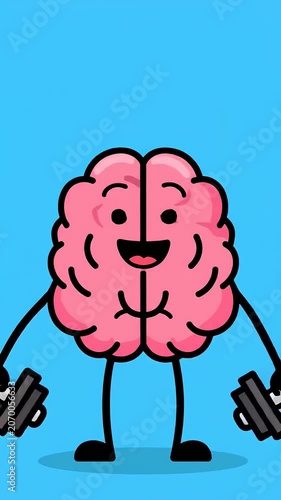 Cartoon brain character lifting a heavy dumbbell.