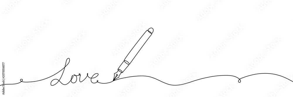 Fototapeta premium Continuous line drawing of a hand holding a pen, creating an elegant curved signature with flowing artistic strokes on white background.