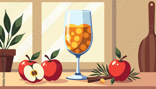 Glass of apple juice with cinnamon and fresh apples on wooden table  