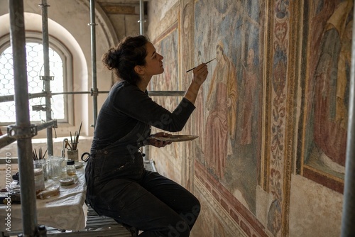 Art restorer carefully repainting historical fresco on scaffolding with soft light.